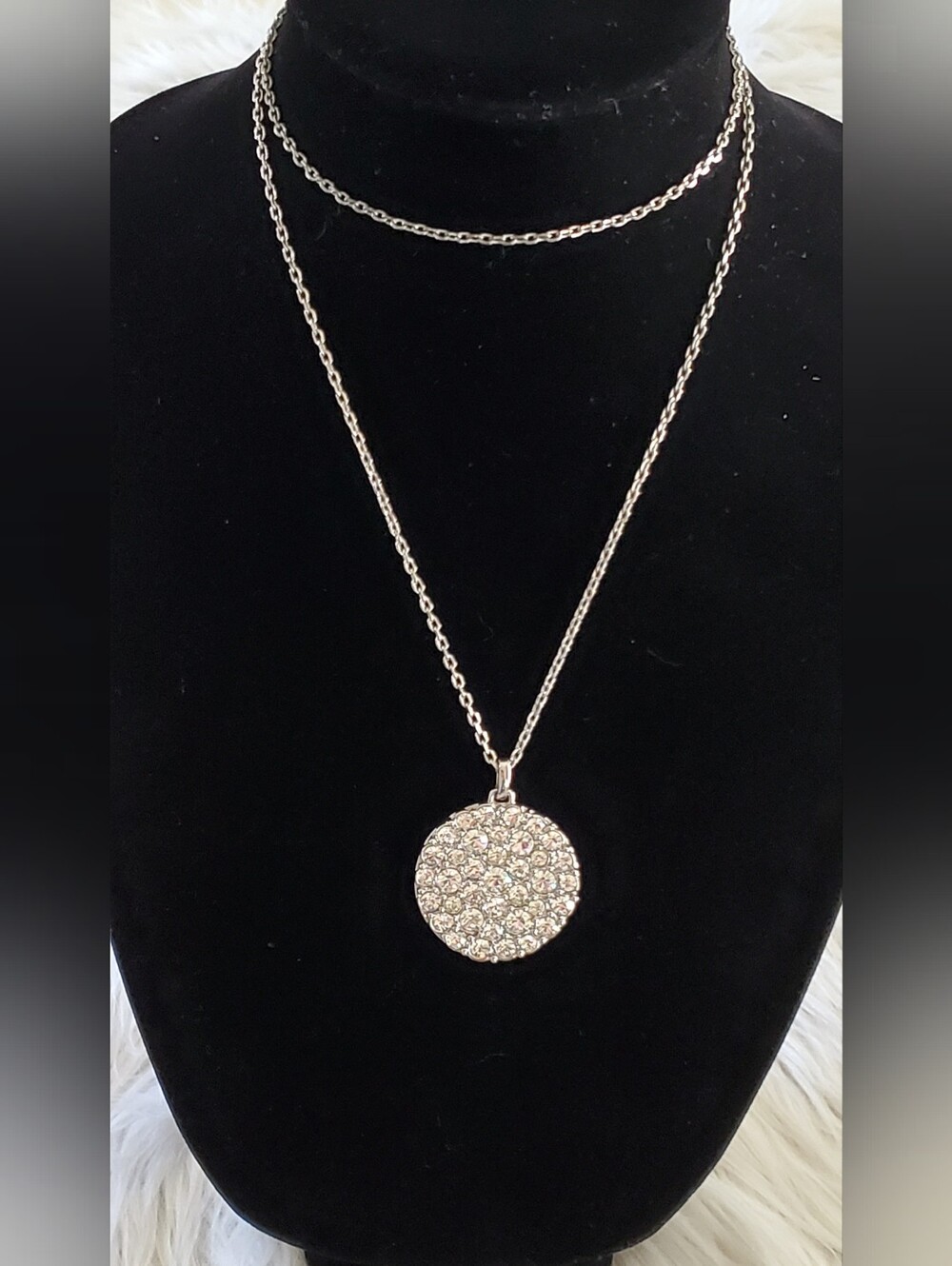 White House Black Market Silver Pave Crystal Disc Pendant Long Chain Necklace